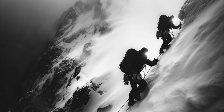 Two mountaineers ascending a steep snow face on K2, the Savage Mountain